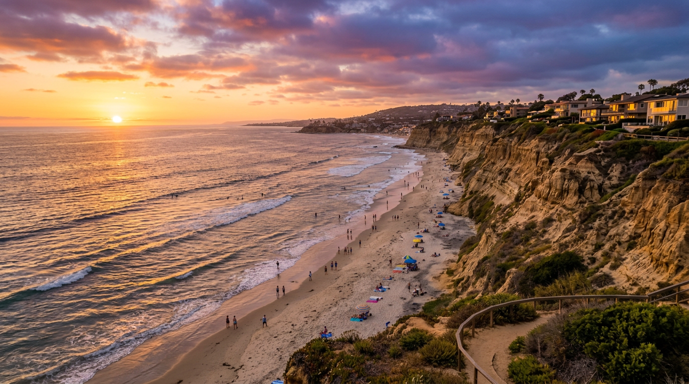 Sandy beach with people walking, sunbathing, and waves breaking along rocky cliffs